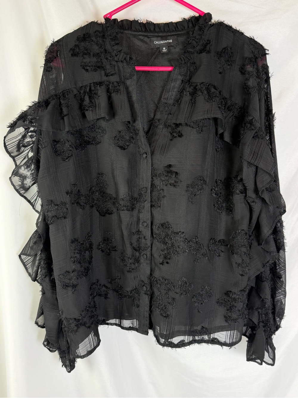 Calligraphie Black Sheer Textured Floral Ruffle Blouse Romantic Goth M